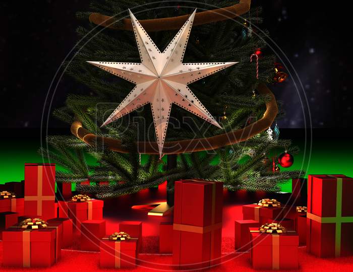 Christmas Decorative Tree With Star And Shiny Red Color Gift Boxes Binding By Gold Ribbon. 3D Render