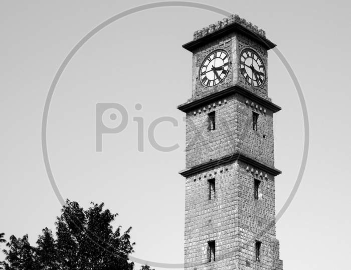 Close View Of Gulbarga University Library Clock Tower Isolated In Nature Monochrome Stock Photo