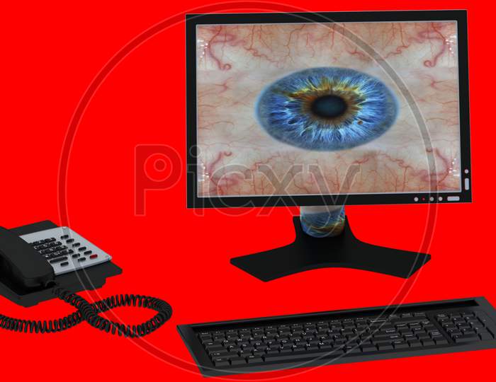 Desktop, Keyboard And Mouse With Telephone Isolated On Red Background. 3D Rendered