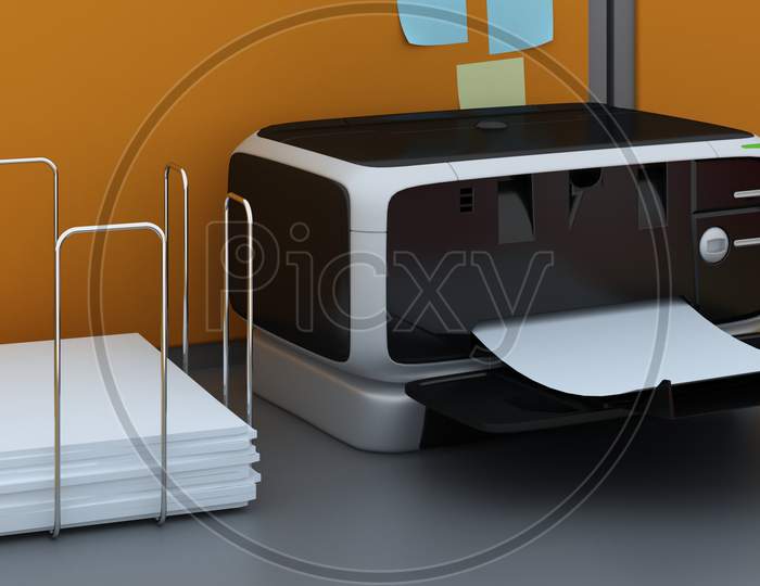 Photocopier Or Scanner And Plain White Paper Stand Isolated On Desk, 3D Render.