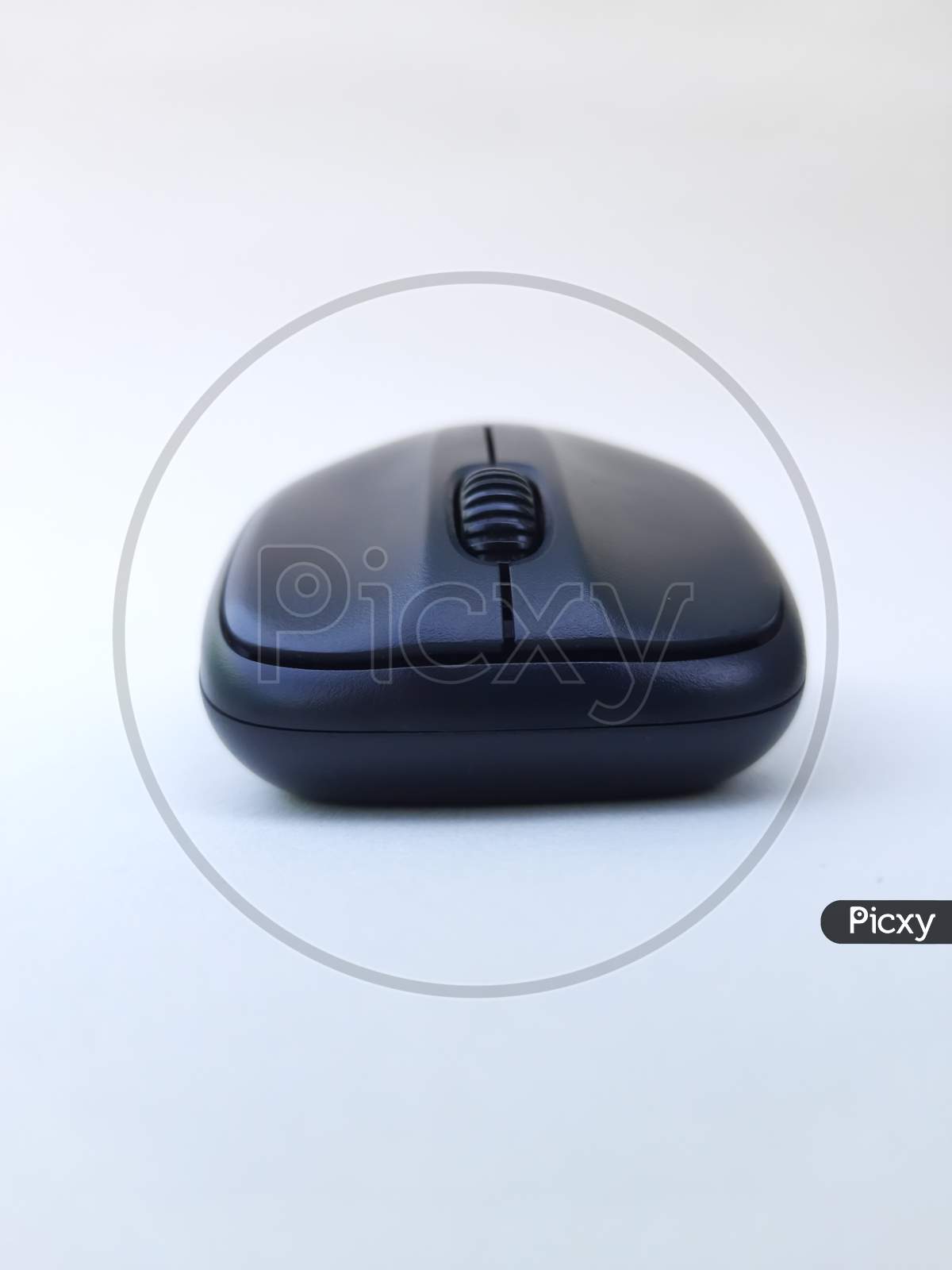 Black computer mouse isolated on white background.