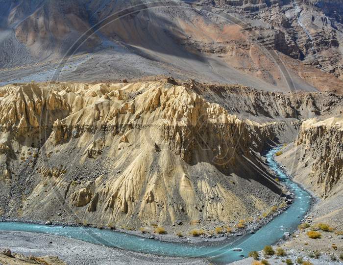 Spiti river and unique rock formations in Spiti Valley, Himachal Pradesh