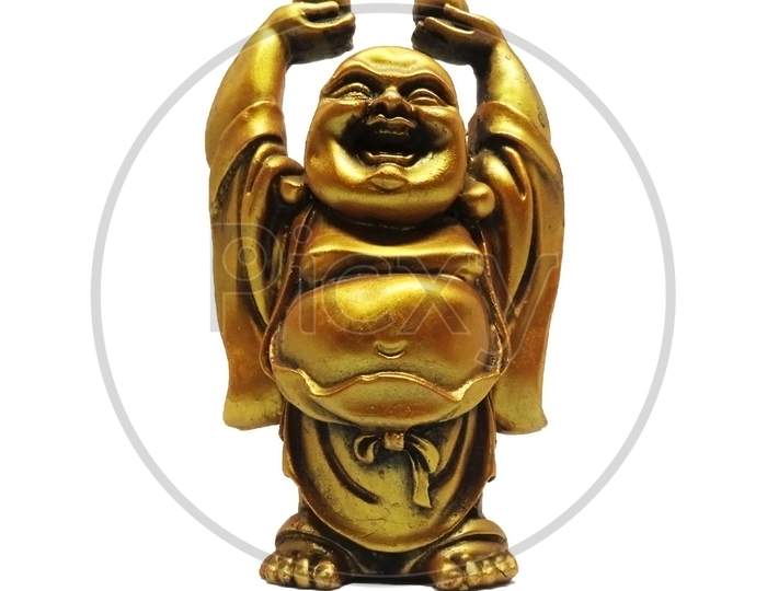 Golden Laughing Buddha statue on white background