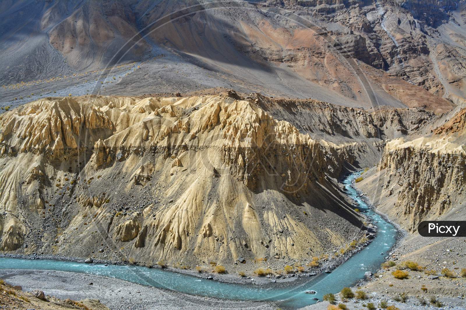 Spiti river and unique rock formations in Spiti Valley, Himachal Pradesh