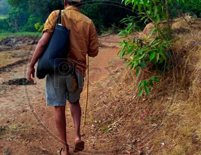 Man in india walking in towards farm
