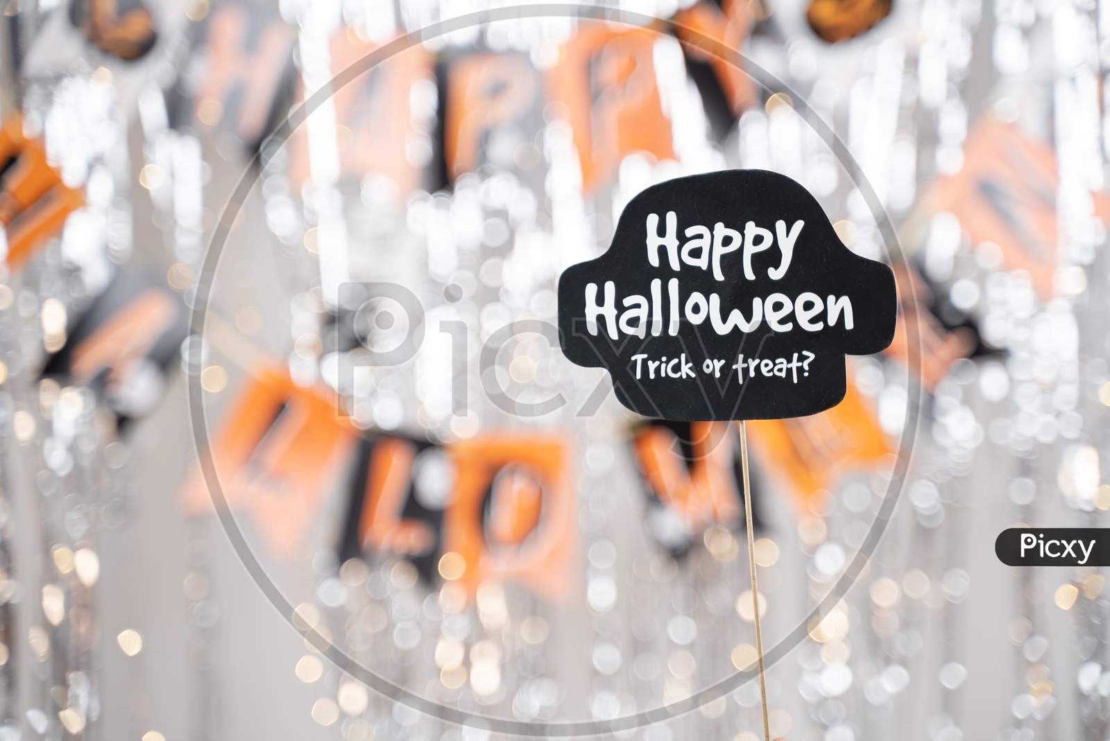 Happy Halloween And Trick Or Treat Signage Booth Prop On Decorated Background - Concept Of Holiday And Halloween Festival.