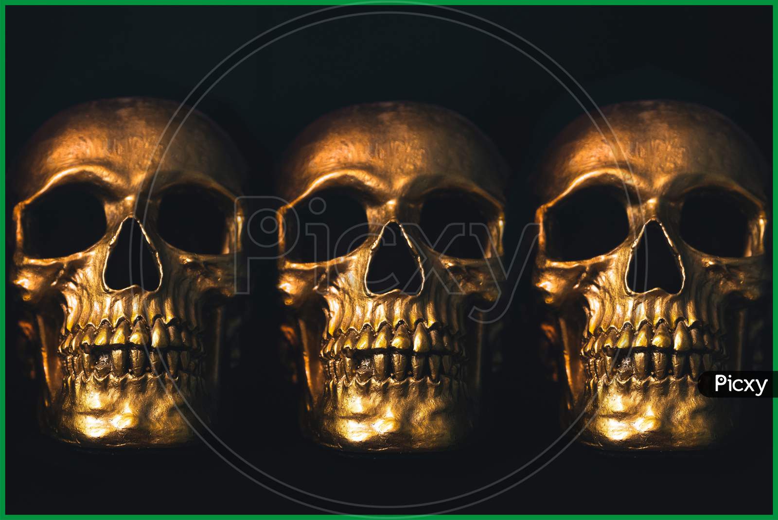 three skeleton Heads on Black background