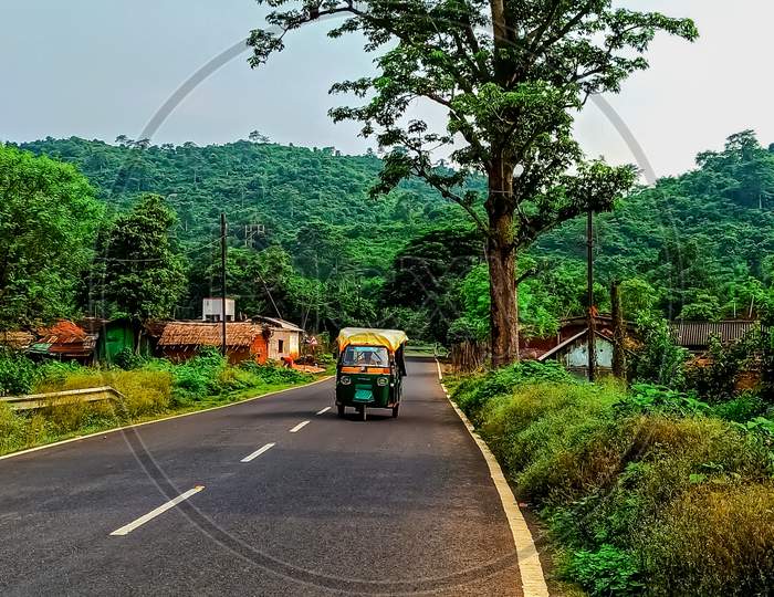 Indian Hilly Region Road And Village Houses