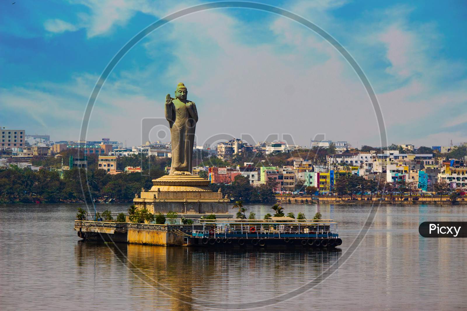 TAll Buddha statue in Tank Band hussain sagar lake Hyderabad Telangana State, India