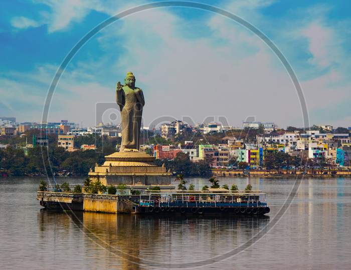 TAll Buddha statue in Tank Band hussain sagar lake Hyderabad Telangana State, India