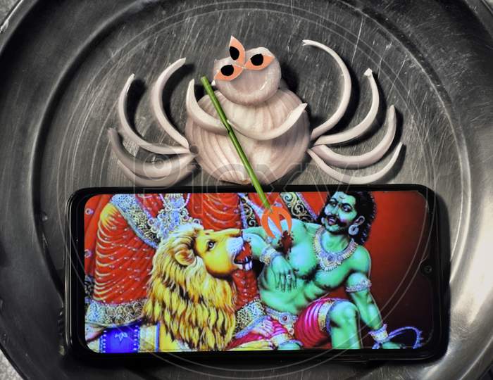 The abstract image of Maa Durga made by onion.