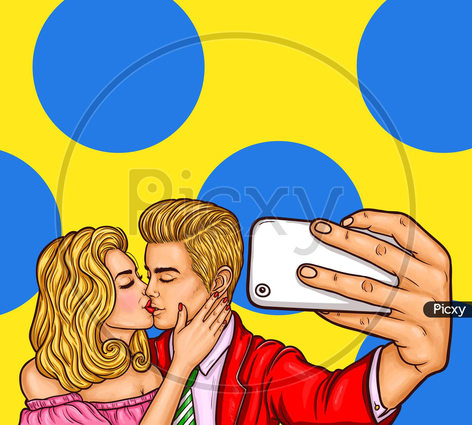 Pop Art Kissing Man And Woman Make Selfie