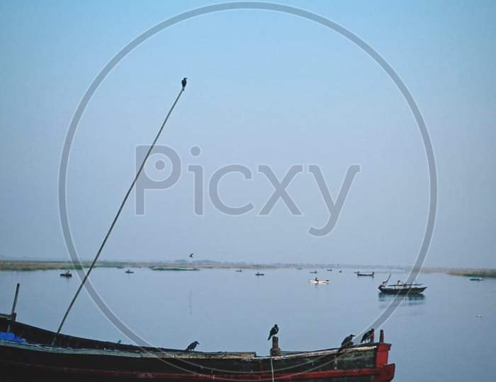 Birds sitting in fishermen's boat on the bank of River Ganga.