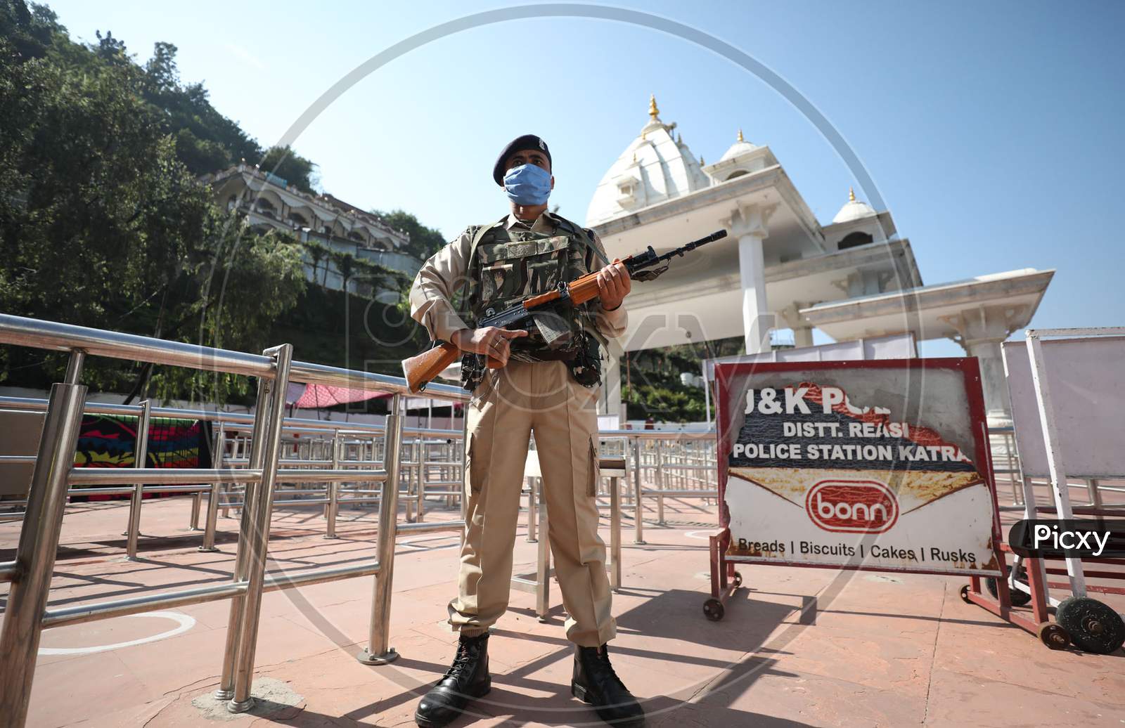 Central Reserve Police Force  (CRPF)  personnel stand guard Mata Vaishno Devi track ahead of Navratri festival, at Katra about 45km from Jammu,  Oct. 15, 2020.