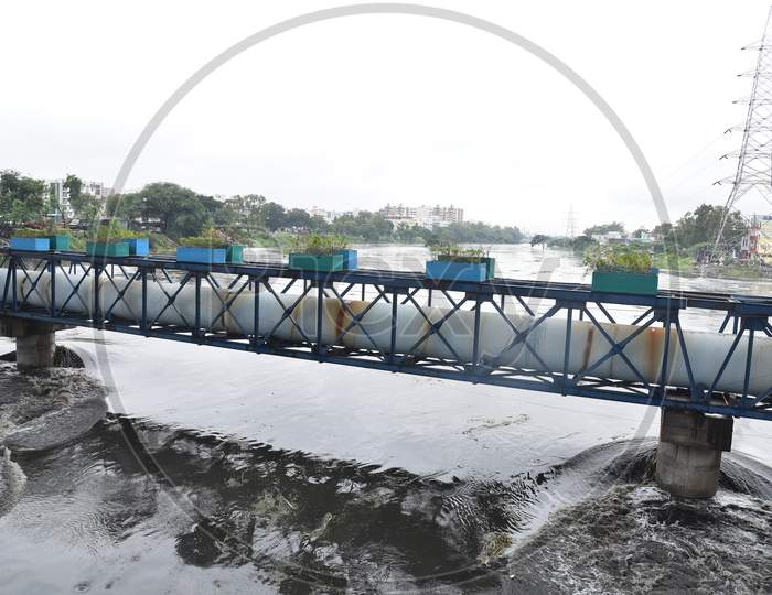 Musi River water flowing at its prime after surplus water from Himayat Sagar Dam is released to downstream on October 14, 2020
