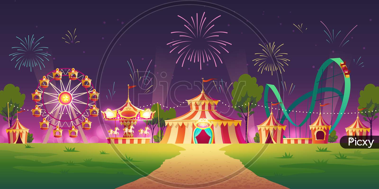 Amusement Park With Circus Tent And Fireworks
