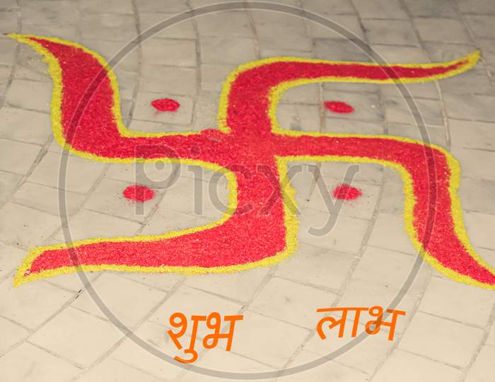 Swastika symbol rangoli with shubh labh for diwali puja traditional