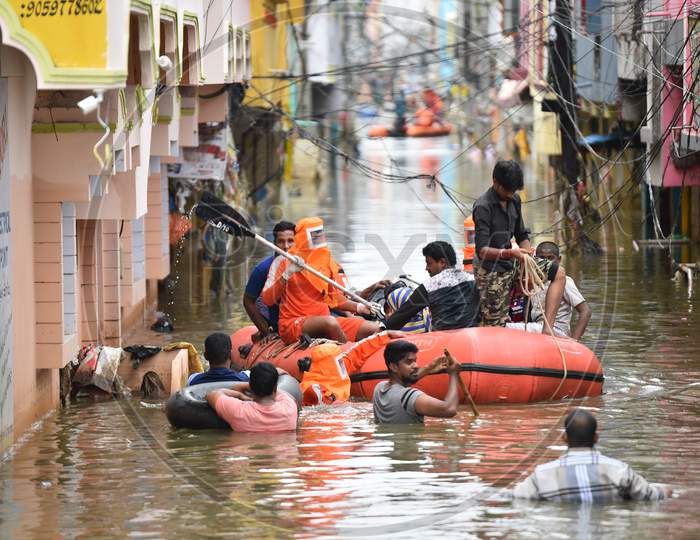 NDRF teams rescue flood affected families in Al-Jubail Colony of Falaknuma in Hyderabad on October 14, 2020.