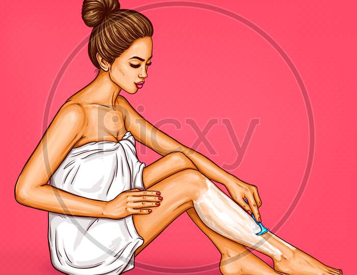 Pop Art Woman In A White Bath Towel Shaves Her Legs With A Safety Razor