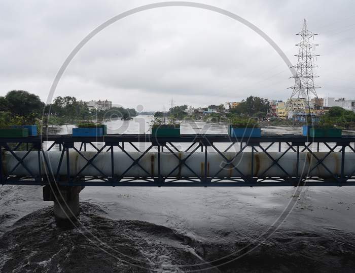 Musi River water flowing at its prime after surplus water from Himayat Sagar Dam is released to downstream on October 14, 2020