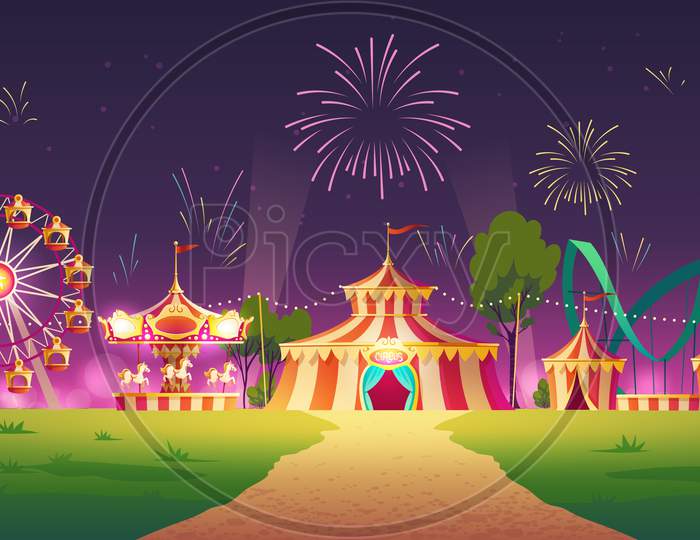 Amusement Park With Circus Tent And Fireworks