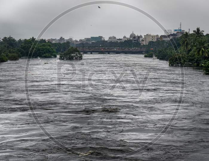 Musi River flowing in its prime after being released from Himayat Sagar Dam causing severe inundation in low lying areas on October 14, 2020, Hyderabad.