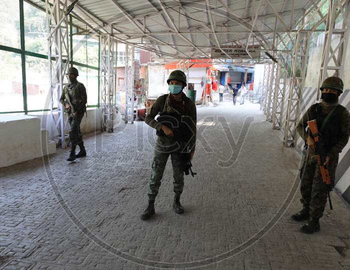 Central Reserve Police Force  (CRPF)  personnel patrol Mata Vaishno Devi track ahead of Navratri festival, at Katra about 45km from Jammu,  Oct. 15, 2020.