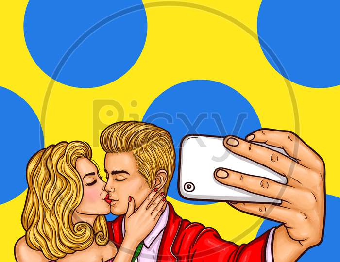 Pop Art Kissing Man And Woman Make Selfie