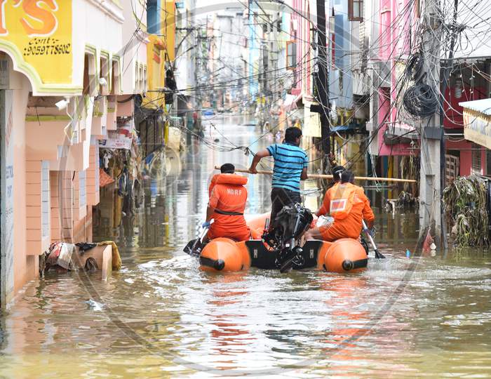 NDRF teams rescue flood affected families in Al-Jubail Colony of Falaknuma in Hyderabad on October 14, 2020.