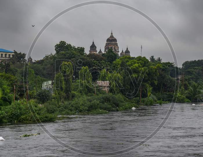 Osmania General Hospital (OGH) seen as Musi River water flowing after almost a decade as the surplus water from Himayat Sagar Dam is being released because of heavy inflows from Musi catchment areas, Hyderabad, October 14, 2020