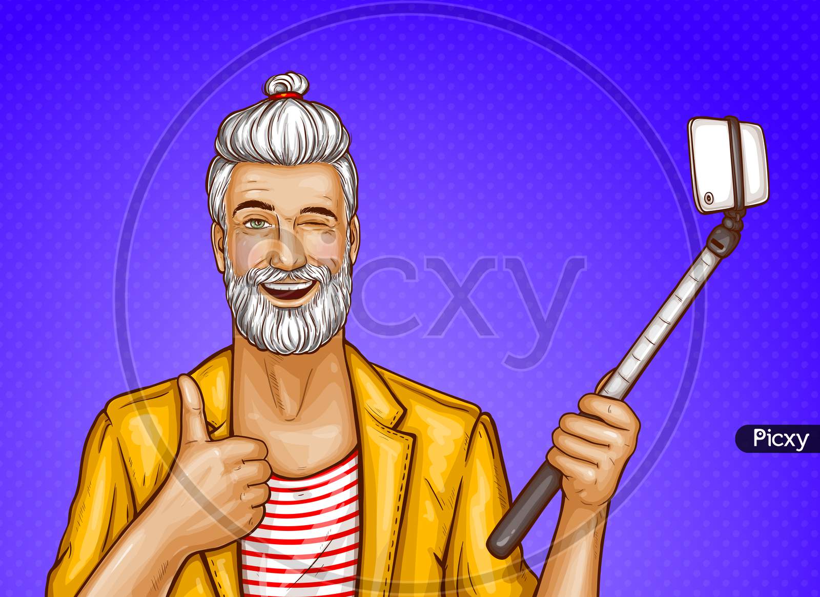 Vector Old Man With Selfie stick And Smartphone