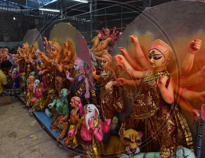 An Artisan Paints A Clay Sculpture Depicting The Goddess Durga Durga Ahead Of 'Durga Puja' Festival, In Chennai On October 15, 2020.
