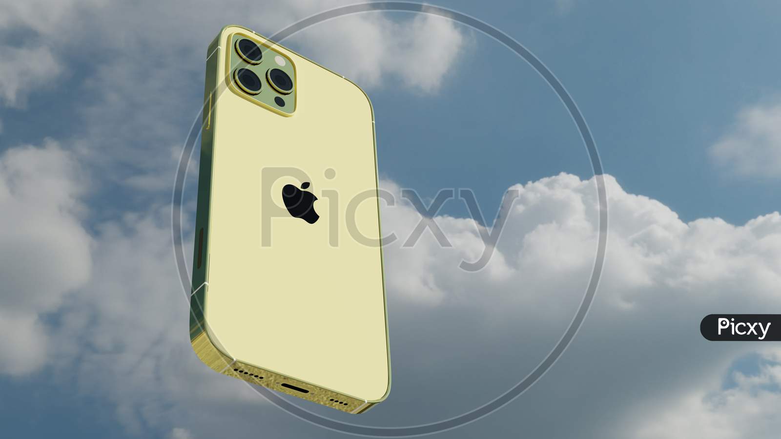 3D Rendering Of An Iphone 12 Pro Max Flying Against A Blue Sky With White Clouds
