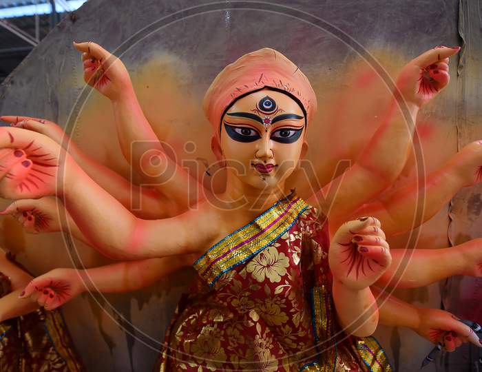 An Artisan Paints A Clay Sculpture Depicting The Goddess Durga Durga Ahead Of 'Durga Puja' Festival, In Chennai On October 15, 2020.
