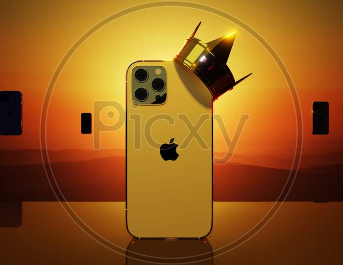 3D Rendering Of An Iphone 12 Pro Max Wearing A Crown Against A Sunset