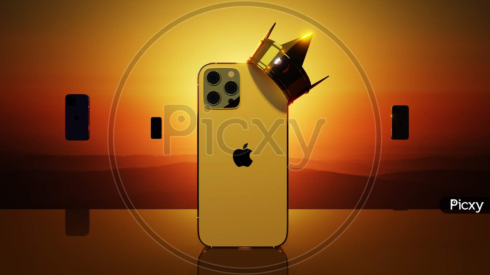 3D Rendering Of An Iphone 12 Pro Max Wearing A Crown Against A Sunset