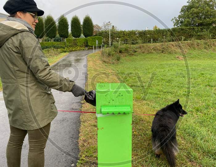 Disposal Of Dog Poop Bags Into A Green Bin.