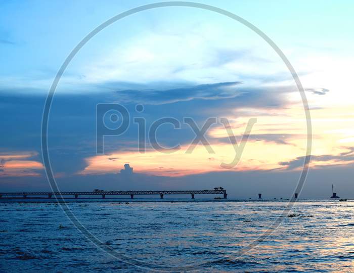Beautiful Evening In Padma Bridge Under Construction Area,The Photo Was Taken From Padma Bridge, Padma River,Maoa On 18Th October 2020.