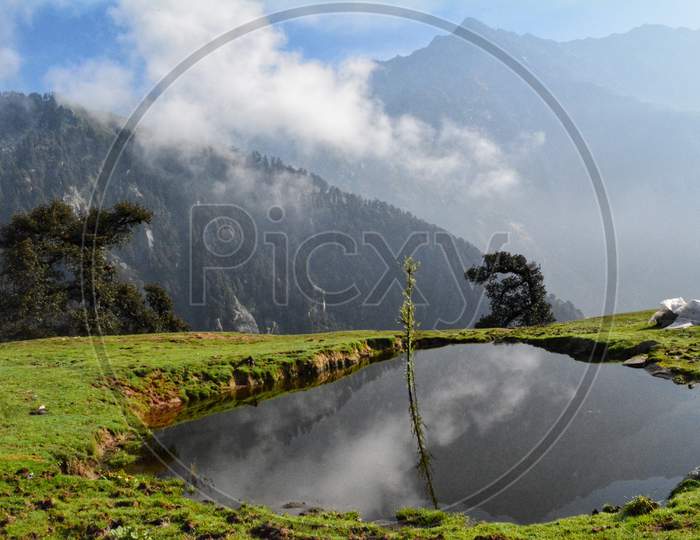 A water body on top of Triund Hill in Himachal Pradesh