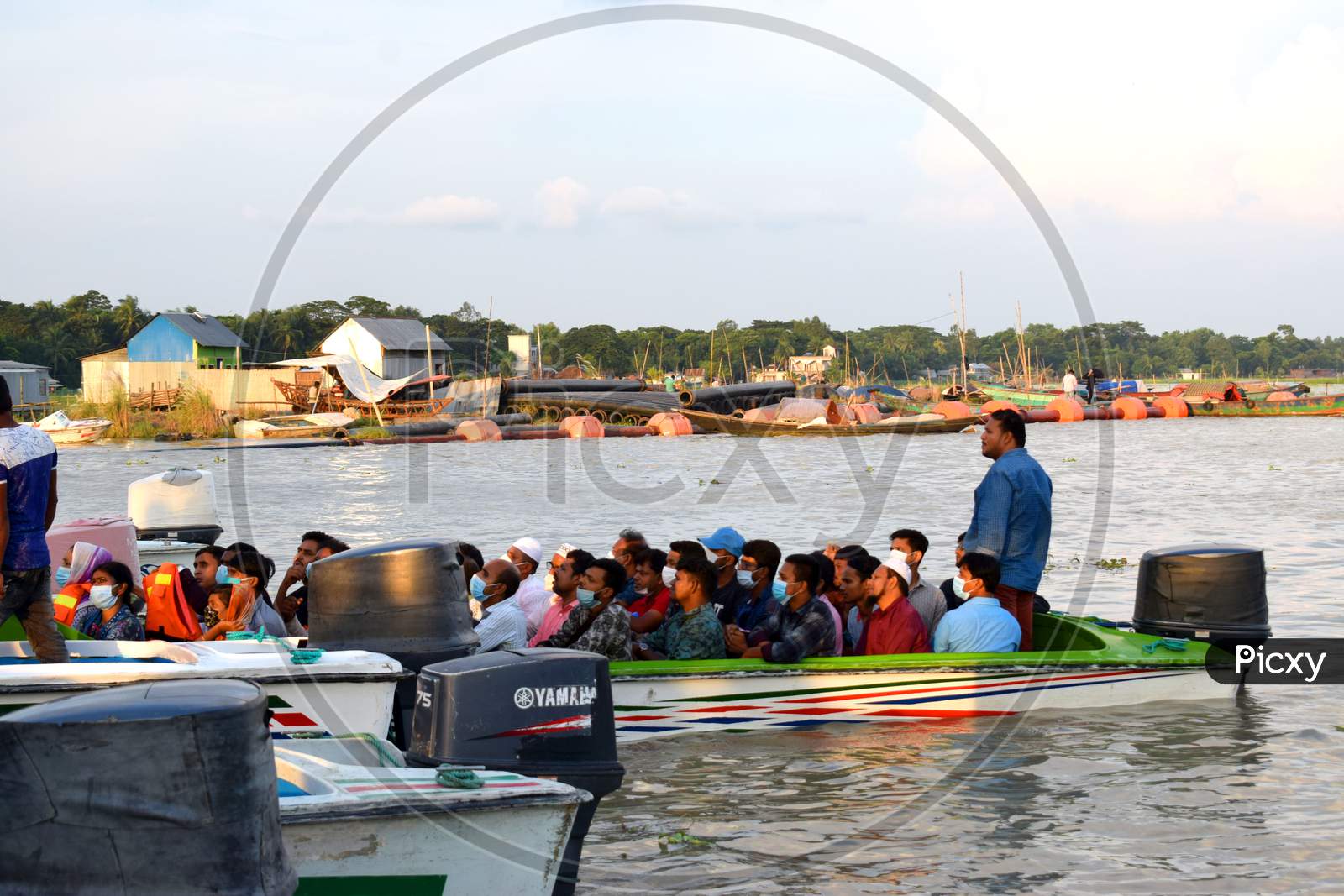 People Transportation In River By Speedboat,Small Boat,The Photo Was Taken From Padma River,Maoa,Dhaka On 18 Th October 2020.