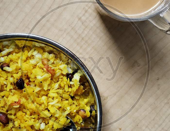 Indian breakfast Chai and Poha