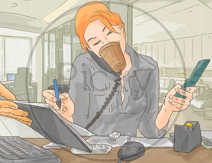 Multi tasking women in office illustration