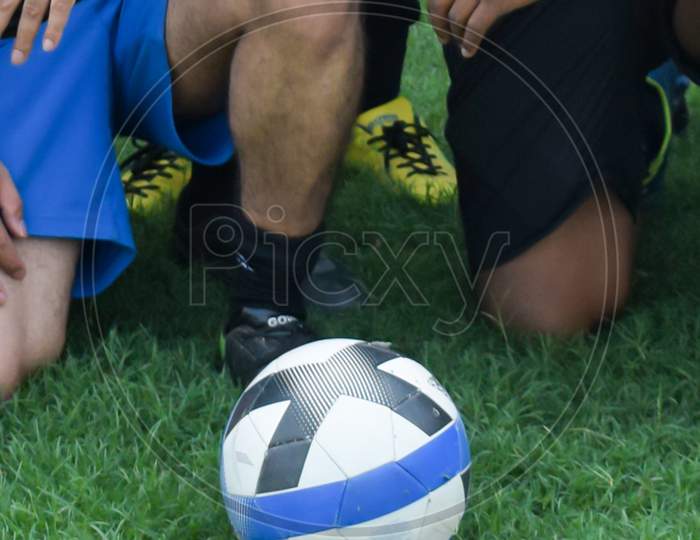 New Delhi, India - January 26 2020: A Football Player Is Holding Adidas "Uniforia" Official Match Ball For "Uefa Euro 2020" Tournament, Preparing For Play In Local Football Pitch