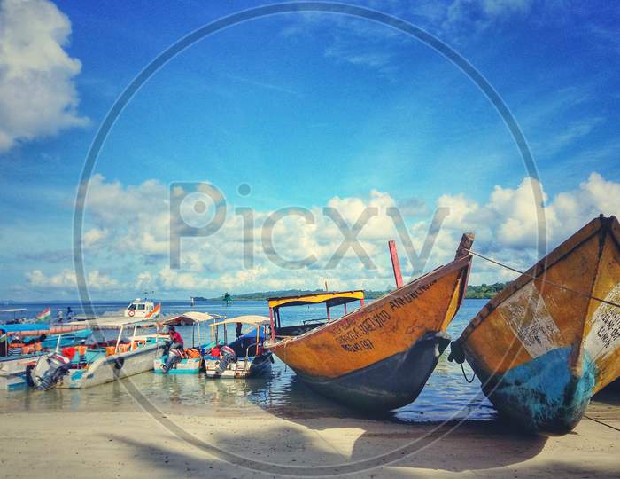 Boat on Beach ,Elephant beach ,Andaman and Nicobar Islands ,Port BlairLow saturation ,