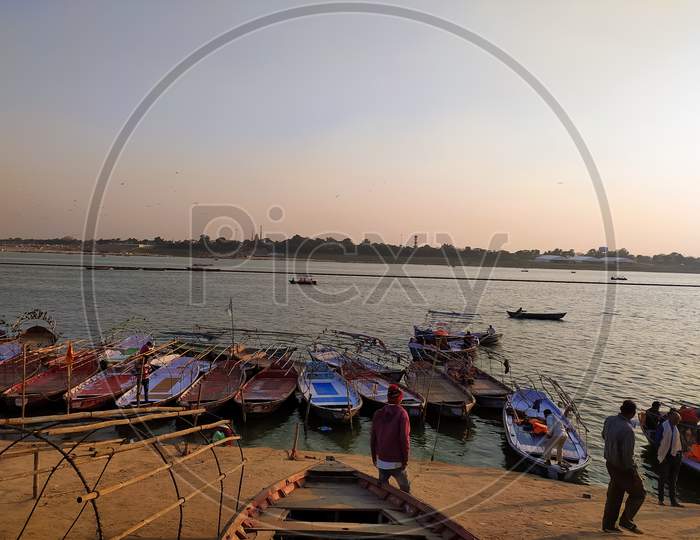 Evening view at River side with boats and nature capture