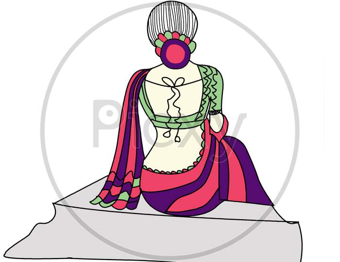 Indian  Lady Sitting Out Line Background Art