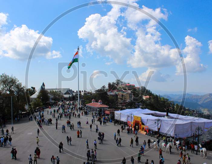 Mall Road with Indian Flag - Shimla, Himachal Pradesh, India