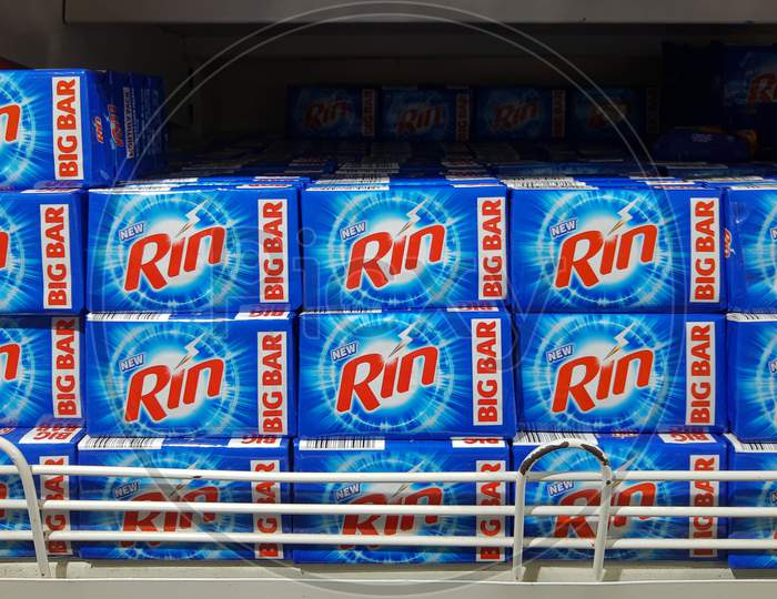 Delhi, India - October 05, 2020 : Collection Of Rin Detergent Bar - 250 G In Supermarket Display Rack. Closeup Side View.Rin Detergent Bar - 250 G
