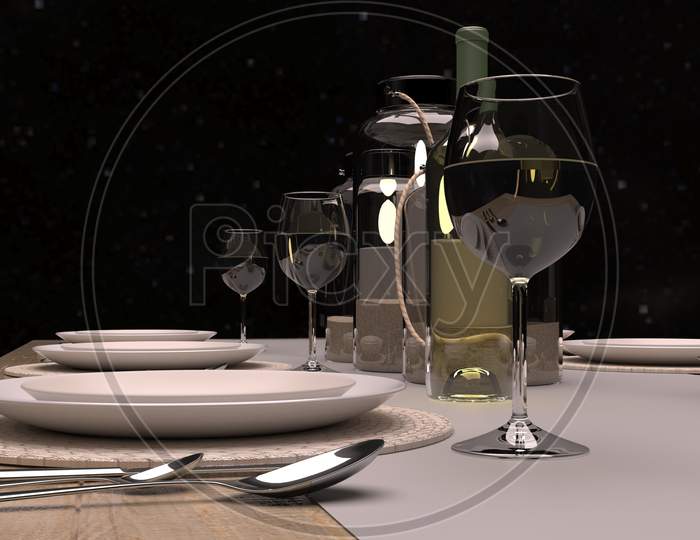Elegant Dining Table With Wine Glasses, Bottle, Plates And Candles Set For Festival. 3D Rendered