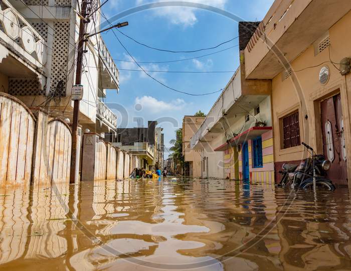 Flood water occupied streets in the Hafiz Baba Nagar due to Hyderabad floods